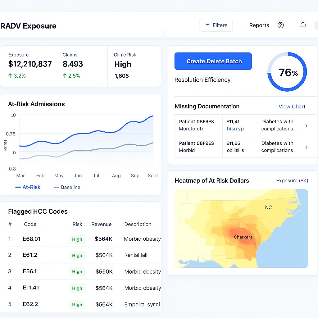 RAFGuard dashboard showing $12.2M RADV exposure with Create Delete Batch functionality, flagged HCC codes, risk analytics, and geographic heatmap visualization